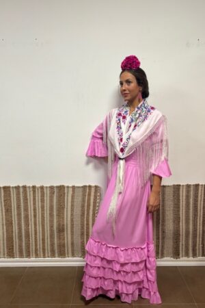 Vestido Rosa Liso de 5 volantes(Largo 145 cm.) QUEDA M/L Y L/XL