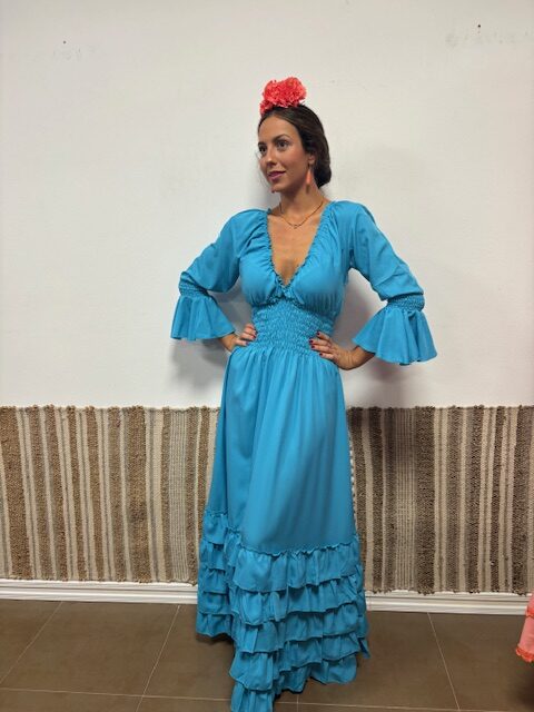 Vestido Turquesa Liso de 5 volantes(Largo 145 cm.) - Imagen 2