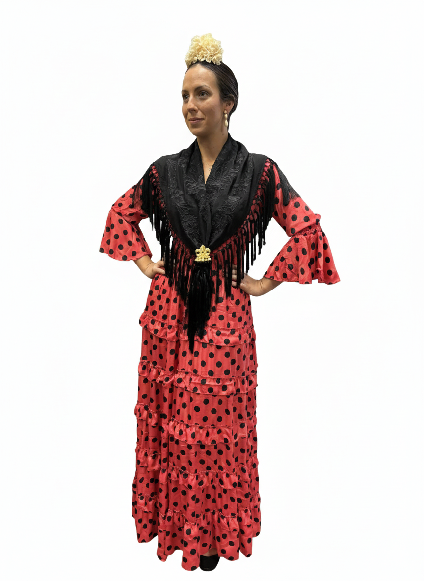 MOD. MARIA VOLANTITOS BASICO, CORAL CON LUNARES NEGROS.