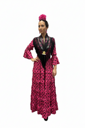 MOD. MARIA VOLANTITOS BASICO, FUCSIA CON LUNARES NEGROS.