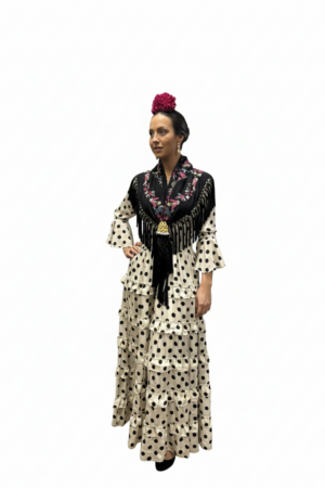 MOD. MARIA VOLANTITOS BASICO, BLANCO ROTO CON LUNARES NEGROS.